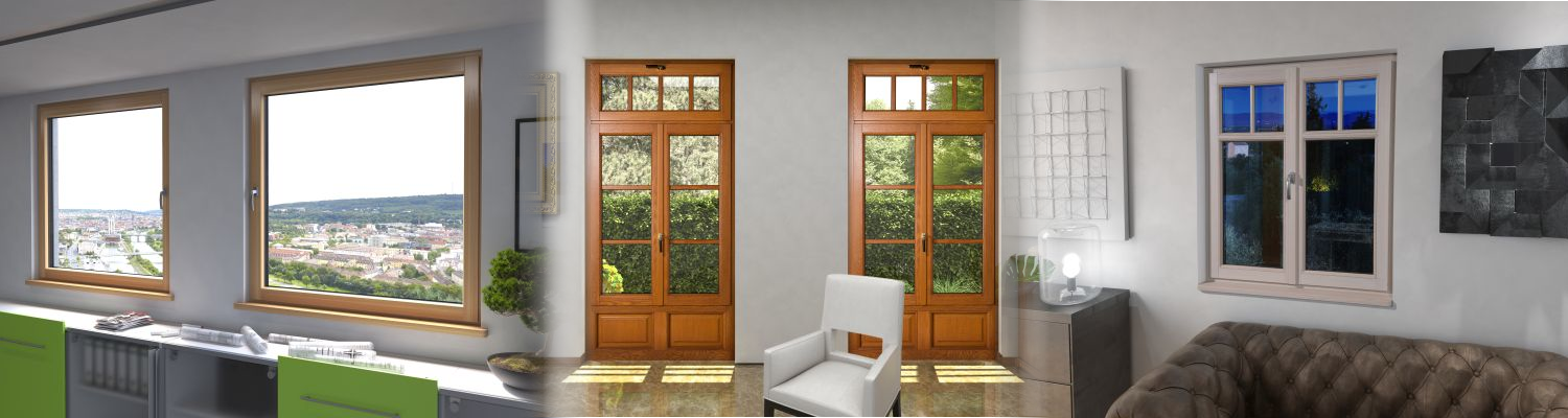 Beispiele für Holz-, Kunststoff-, Aluminiumfenster